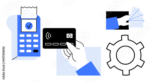 Hand using contactless card with payment terminal, cash transaction, gear for settings. Ideal for banking, fintech, retail, e-commerce, contactless payments, money management simple landing page