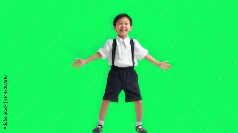 Joyful Kid on Chroma Key: An Asian child, full of exuberance, joyfully jumps in front of a vibrant chroma key background, ready for any creative integration Joyful Kid on Chroma Key: An Asian child, full of exuberance, joyfully jumps in front of a vibrant chroma key background, ready for any creative integration