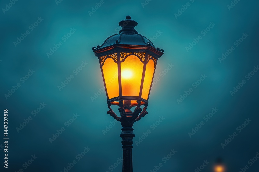 Illuminated ornate streetlight shines brightly in the fog Atmospheric light source Illuminated ornate streetlight shines brightly in the fog Atmospheric light source