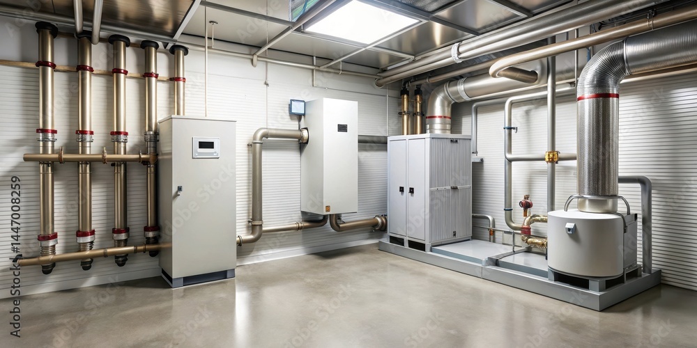 A modern heat pump system with a low supply temperature is shown in an underground piping layout, cooling and heating, low temperature A modern heat pump system with a low supply temperature is shown in an underground piping layout, cooling and heating, low temperature