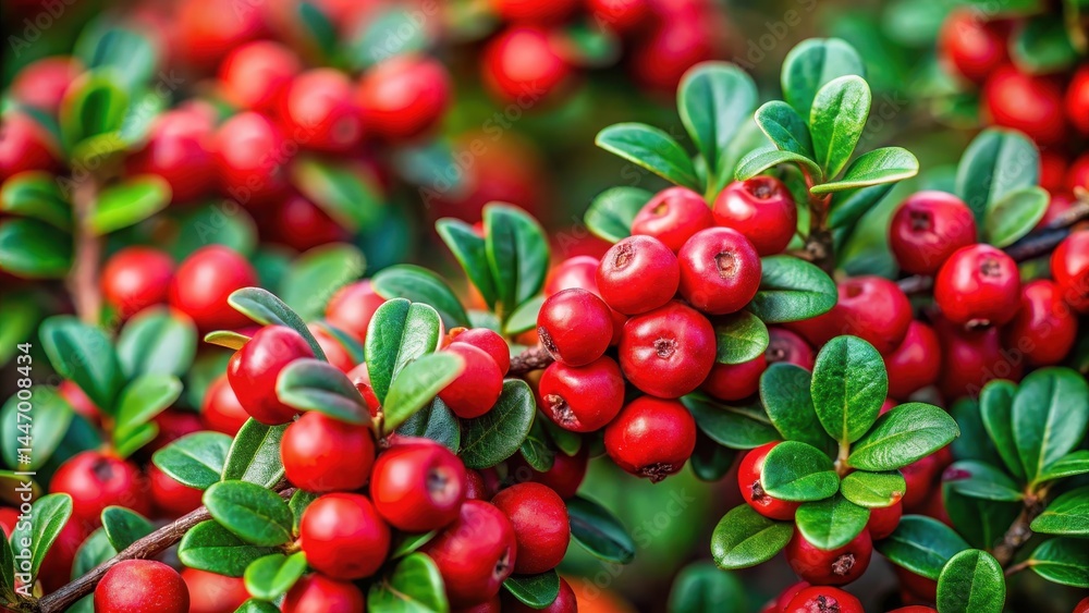 Obraz premium Vibrant bright red berries of bearberry cotoneaster with lush green leaves and twigs in a forest setting, showcasing the beauty of nature, wildlife, foliage