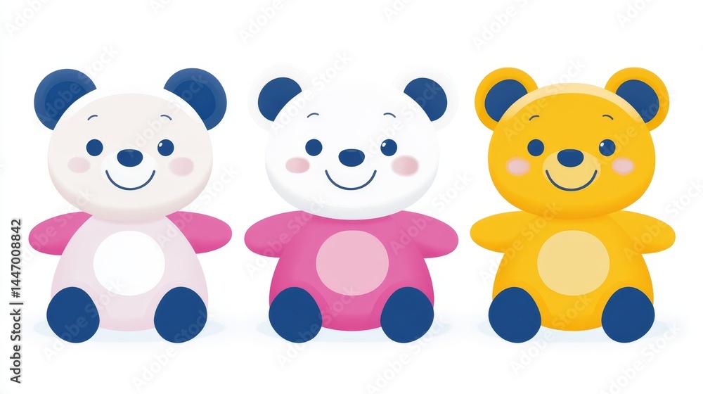 Naklejka premium Adorable stuffed animal family featuring a pink panda bear a white bear and a charming yellow bear trio for kids illustration project