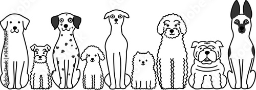 cute cartoon dogs sitting in a row line art