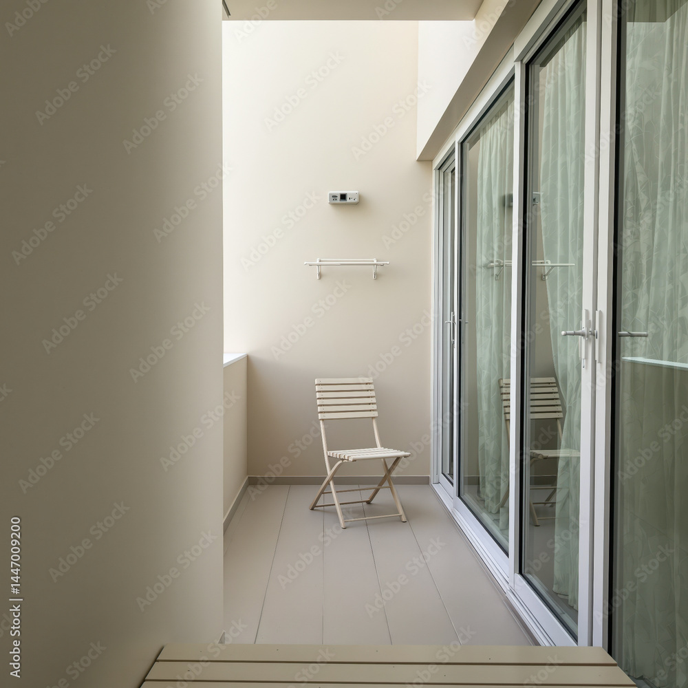 light beige foldable chair sits on a tranquil balcony light beige foldable chair sits on a tranquil balcony
