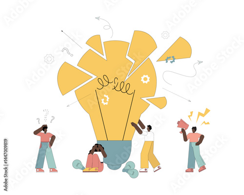 Unsuccessful project. People look in despair at a broken light bulb, idea, project.eps