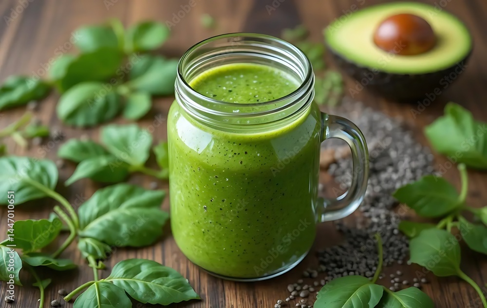A refreshing green smoothie served in a mason jar, with fresh spinach leaves and an avocado in the background A refreshing green smoothie served in a mason jar, with fresh spinach leaves and an avocado in the background