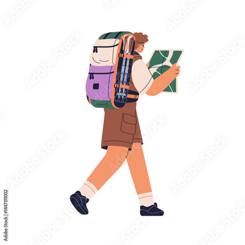 Hiker walking with backpack and map. Tourist hiking, adventure travel. Backpacker exploring route with knapsack, bag on holiday journey. Flat vector illustration isolated on white background