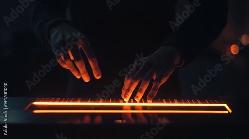 Close-up of hands playing a glowing interactive musical surface.