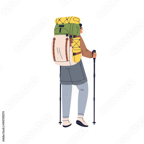 Hiker walking with trekking poles and backpack, adventure. Trekker tourist fr...