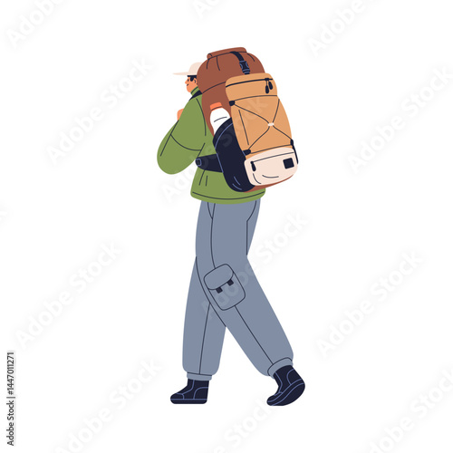 Hiker with backpack on adventure. Male tourist, backpacker traveler, camper carrying large rucksack, travel bag on back, walking, hiking. Flat vector illustration isolated on white background