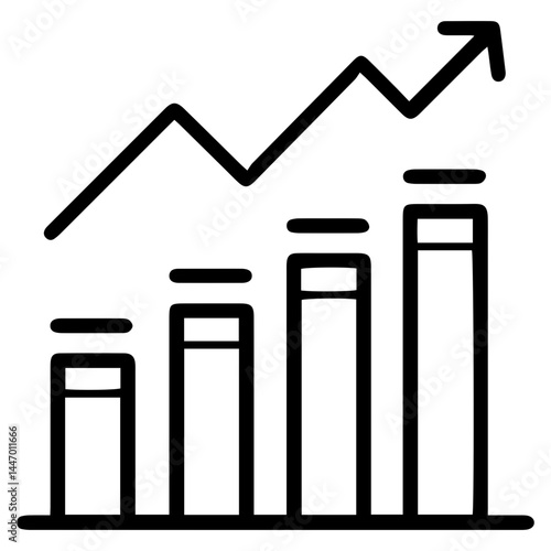 Growing graph (outline style). This image depicts a bar graph with an upward-trending arrow above it, symbolizing growth and progress. Represents an increase in data, performance, or value over time