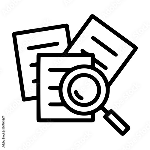 Magnifying glass on documents (outline style). This image depicts a magnifying glass hovering over a stack of documents, symbolizing research, investigation, or close examination. Used to concept