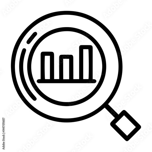 Looking into progress (outline style). This image depicts a magnifying glass focusing on a bar graph, symbolizing data analysis and the examination of progress. Represents the process of investigation