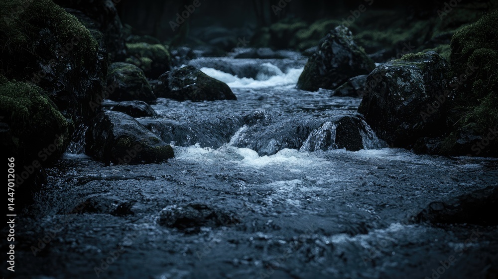 Flowing water travels between dark moss covered rocks with clarity Flowing water travels between dark moss covered rocks with clarity