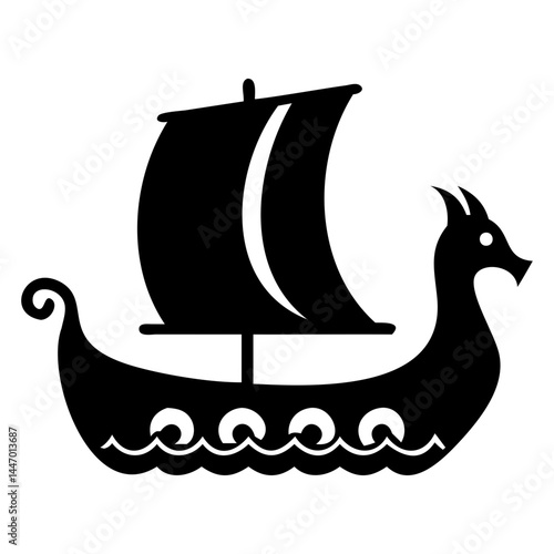 Viking ship longboat sailing logo vector illustration norse dragon boat clip art silhouette graphic design isolated on transparent background