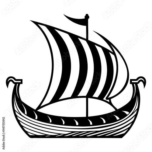 Viking ship vector image of ancient nordic longboat with striped sail for historical designs and prints isolated on transparent background