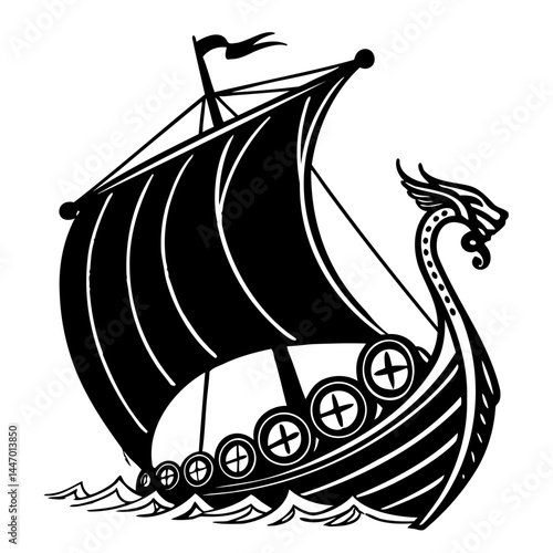 Viking ship longboat sailing boat black and white illustration nordic sea vessel adventure travel 1000 ad isolated on transparent background