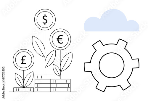 Plants with currency signs sprouting from coins, a gear for process efficiency, and a cloud for digital innovation. Ideal for finance, investment, business, technology, eco-friendliness, development