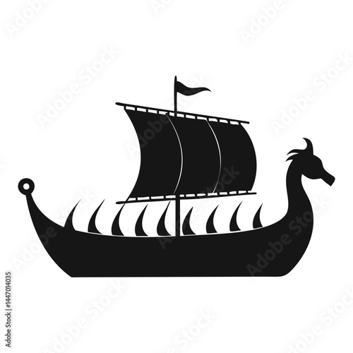 Explore the seas with this viking longship vector illustration of a black silhouette ship with sails and dragon head isolated on transparent background
