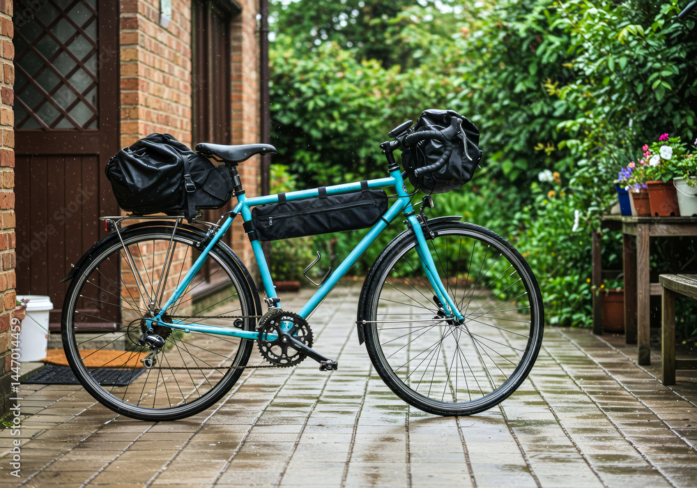 teal bicycle with black panniers parked on a wet patio teal bicycle with black panniers parked on a wet patio