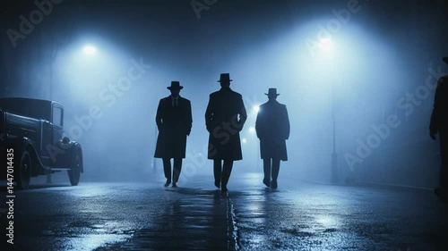 Vintage aesthetic of three mysterious figures walking on a foggy street at night time