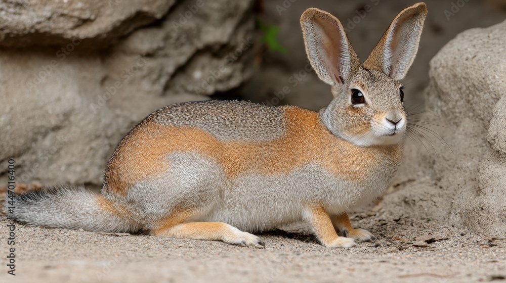 Naklejka premium Curiousandalert hare resting among arid rocks, displaying adaptive camouflage in a natural habitat showcasing wildlife conservation efforts and habitat preservation efforts