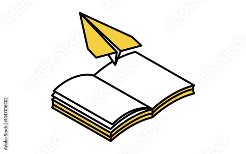 Simple line drawing icon of open notebook and paper airplane, isometric illustration