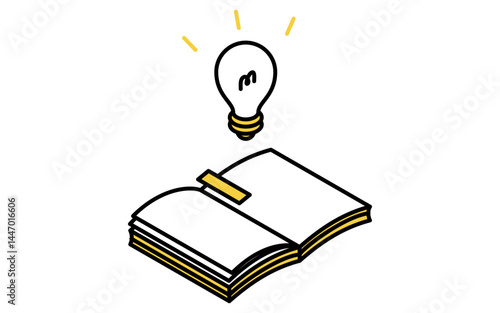Inspirational image of open book and glowing light bulb, Simple line drawing icon, isometric illustration