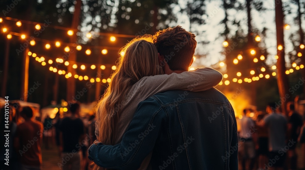Festival-goers with arms wrapped around each other, swaying to emotional live music under festival string lights, Festival-goers with arms wrapped around each other, swaying to emotional live music under festival string lights,