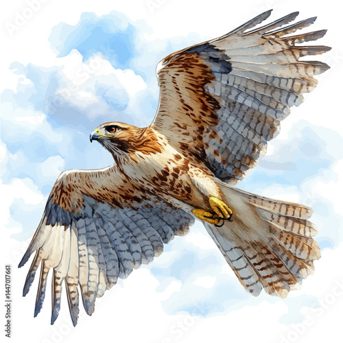 Red-tailed Hawk Gliding In The Sky, vector watercolor illustration, isolated on a white background.