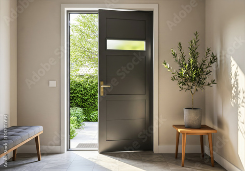 open gray doorway in a sunlit modern hallway