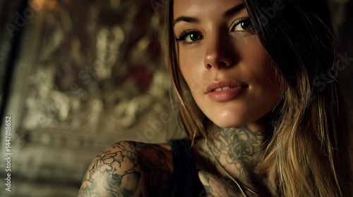 Portrait of woman with tattoos, warm lighting.
