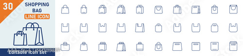Shopping bag line icon set. Set of 30 outline icons related to shopping bag, plastic bag, paper bag, tote bag, shopping and others. Editable stroke. Vector illustration.