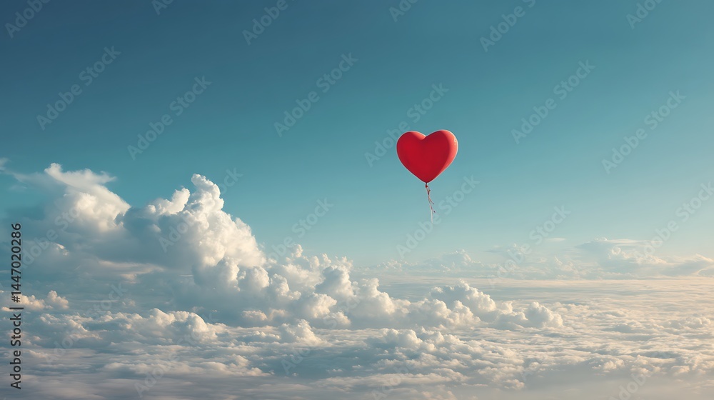 Fototapeta premium Red heart balloon floats in the vast, cloudy sky