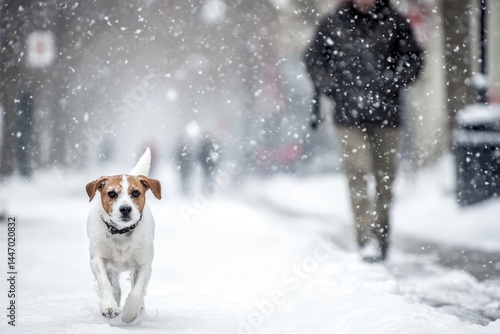 Dog walking in the snow