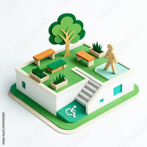 Conceptual inclusive communities design with accessible park benches tree and greenery showing unity and diversity in public spaces