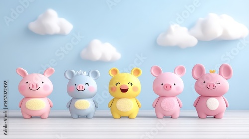 Cheerful whimsical animal figurines against a pastel blue backdrop with fluffy clouds evoking a sense of innocent joy and playful imagination