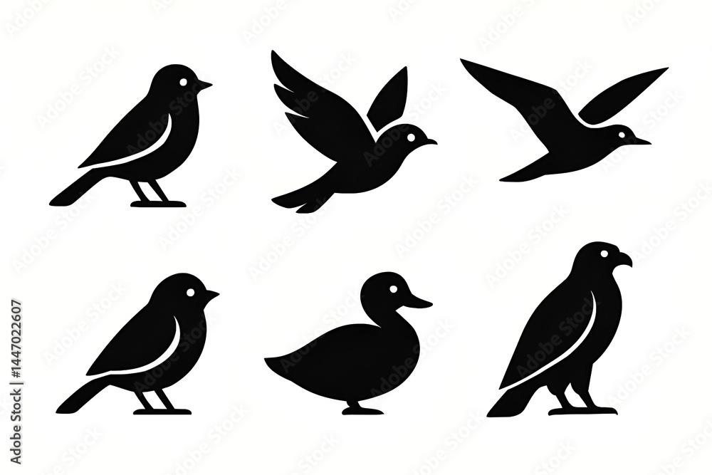 Fototapeta premium This cute cartoon vector set features a collection of bird silhouettes, including a duck, crow, and sparrow, in a spring nature design