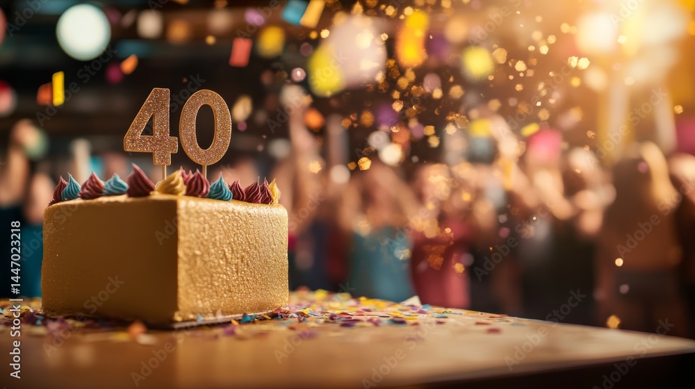 A delightful golden birthday cake with a sparkling 40 candle is surrounded by vibrant confetti, perfect for marking a special milestone celebration A delightful golden birthday cake with a sparkling 40 candle is surrounded by vibrant confetti, perfect for marking a special milestone celebration