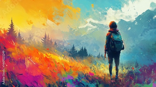 Colorful hiker gazing at vibrant mountain range