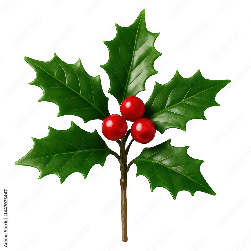 Glossy green leaves and radiant red berries on a single sprig, a symbol of winters enduring color and form. Glossy green leaves and radiant red berries on a single sprig, a symbol of winters enduring color and form.