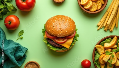 Wallpaper Mural Vibrant burger set in the top center corner on a pastel green background, in a modern food photography style, with inviting warmth, open space, high resolution Torontodigital.ca