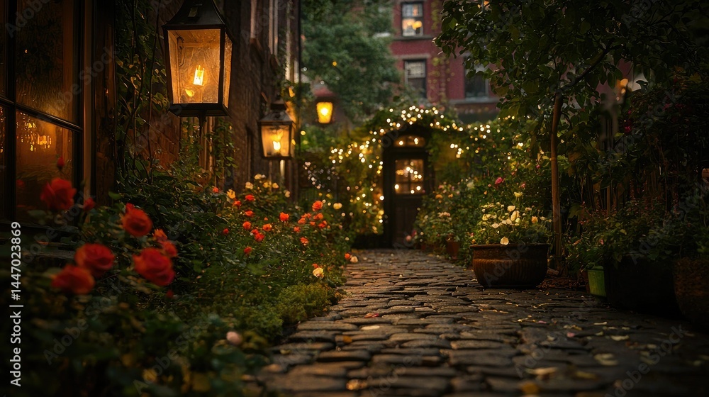 Fototapeta premium A picturesque alleyway illuminated by soft light during a serene evening