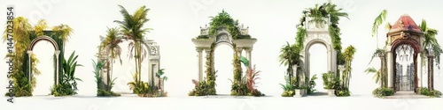 Five overgrown stone archways, varying styles and plant life, set against a white background