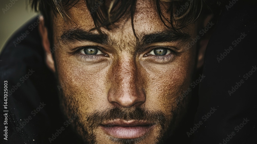 Fototapeta premium A detailed portrait of a focused mans face up close