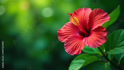 Bold tropical hibiscus, lush green foliage, vibrant color, vibrant, flower, bloom