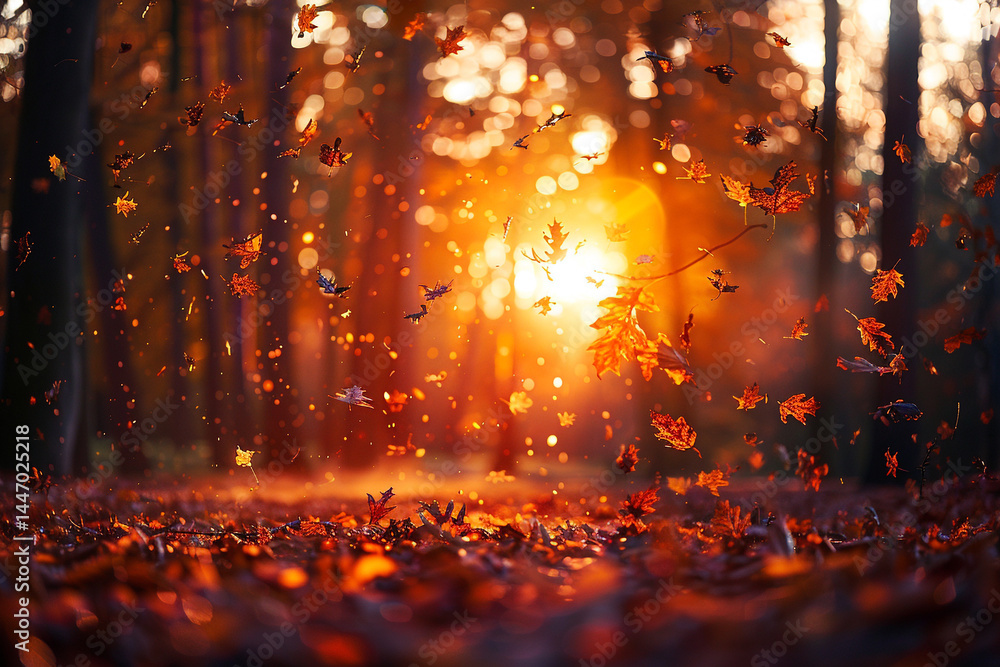 Naklejka premium Experience pretty breathtaking beauty of appealing vibrant autumn sunset, where pretty suns golden rays illuminate appealing majestic forest filled with trees ablaze in fiery hues, creating appealin