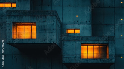 Illuminated windows and concrete forms in an abstract architectural composition