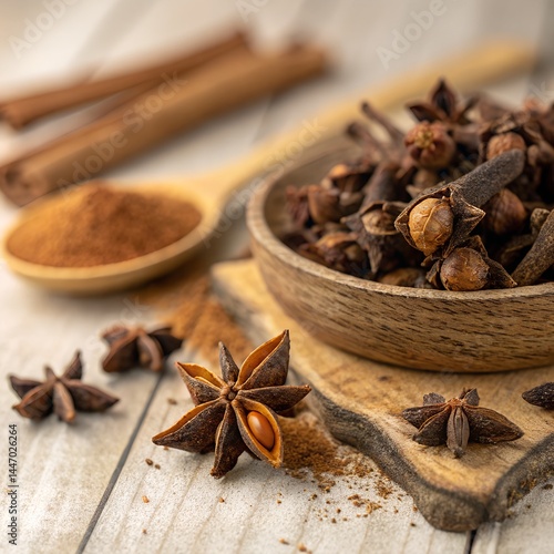 Close-up of Dried Cloves (Syzygium aromaticum) and Star Anise, Spices for Cooking, Aromatic Herbal Spices, Flavorful Cloves, Spicy Seasoning, Natural Spices on Wooden Surface, Organic Cooking Ingredie