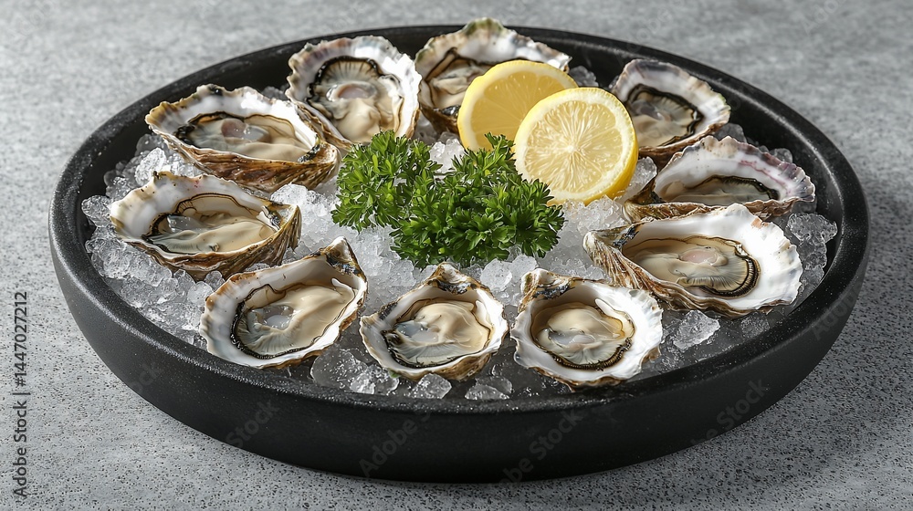 Fresh oysters on ice with lemon Fresh oysters on ice with lemon